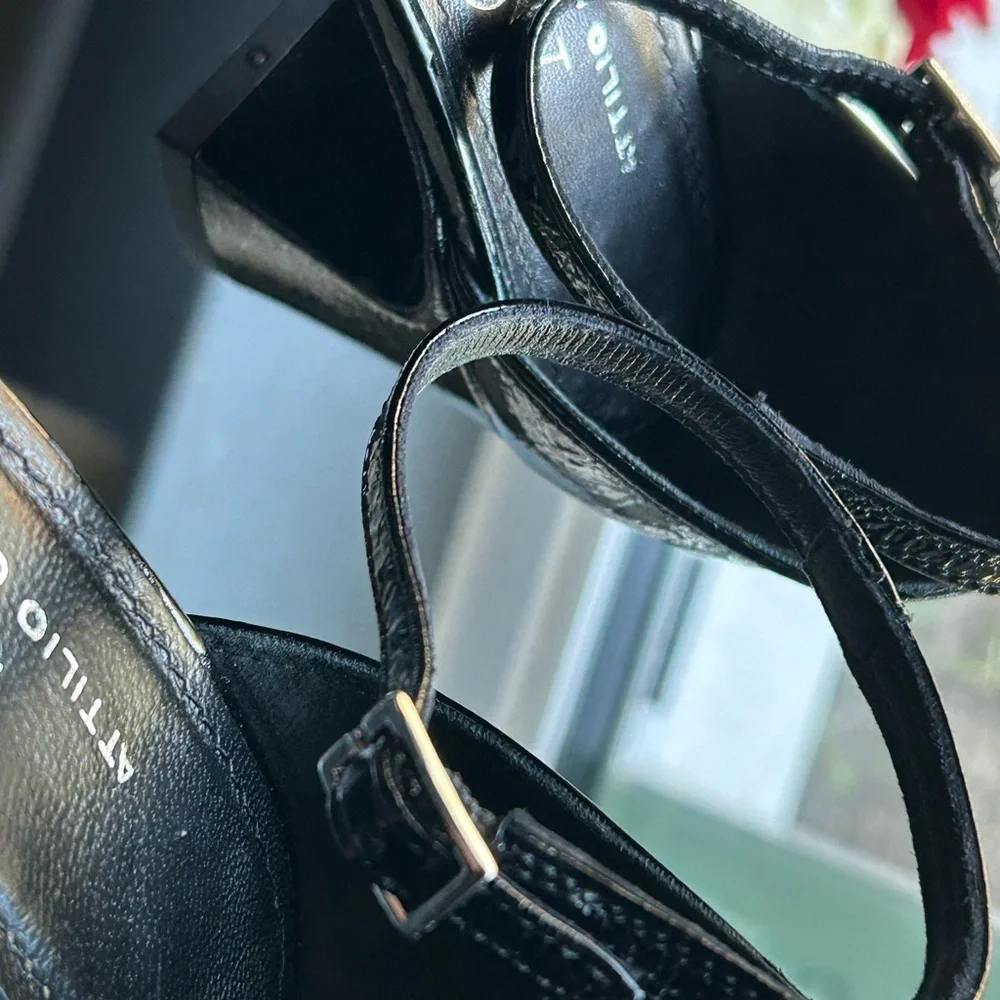 AGL Patent Black Ankle Strap Heels